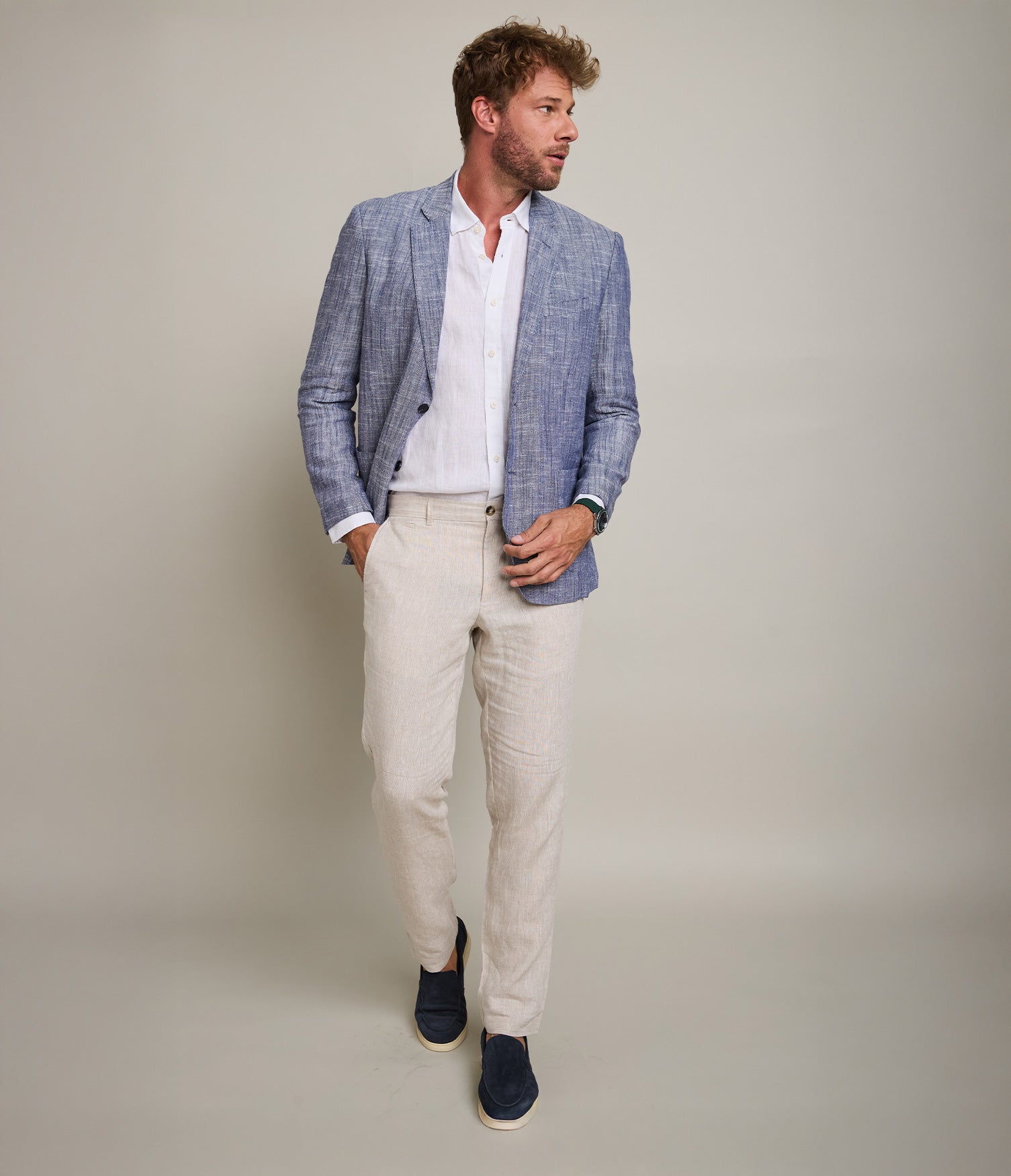 Blazer Hombre 100% Lino Azul Melange
