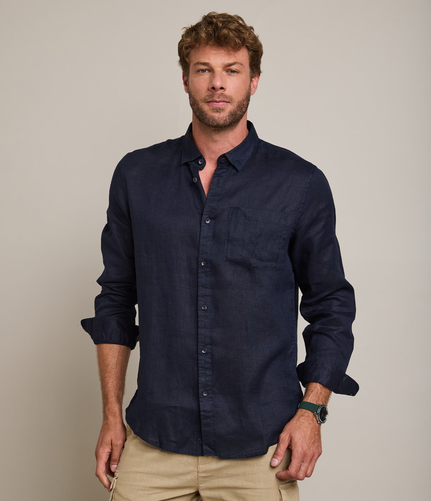 Camisa Hombre Lino M/Larga Dablin Azul Marino