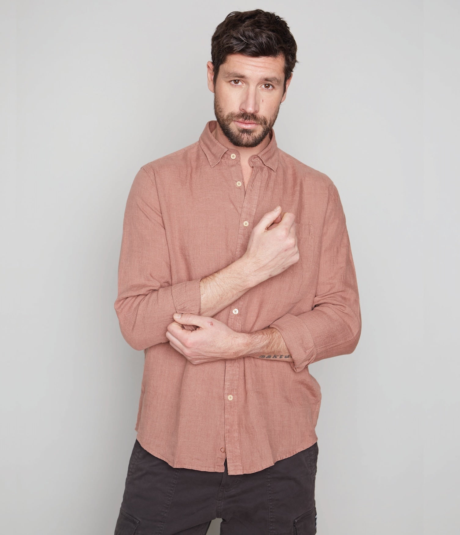 Camisa Hombre Lino Saint M/larga Terracota