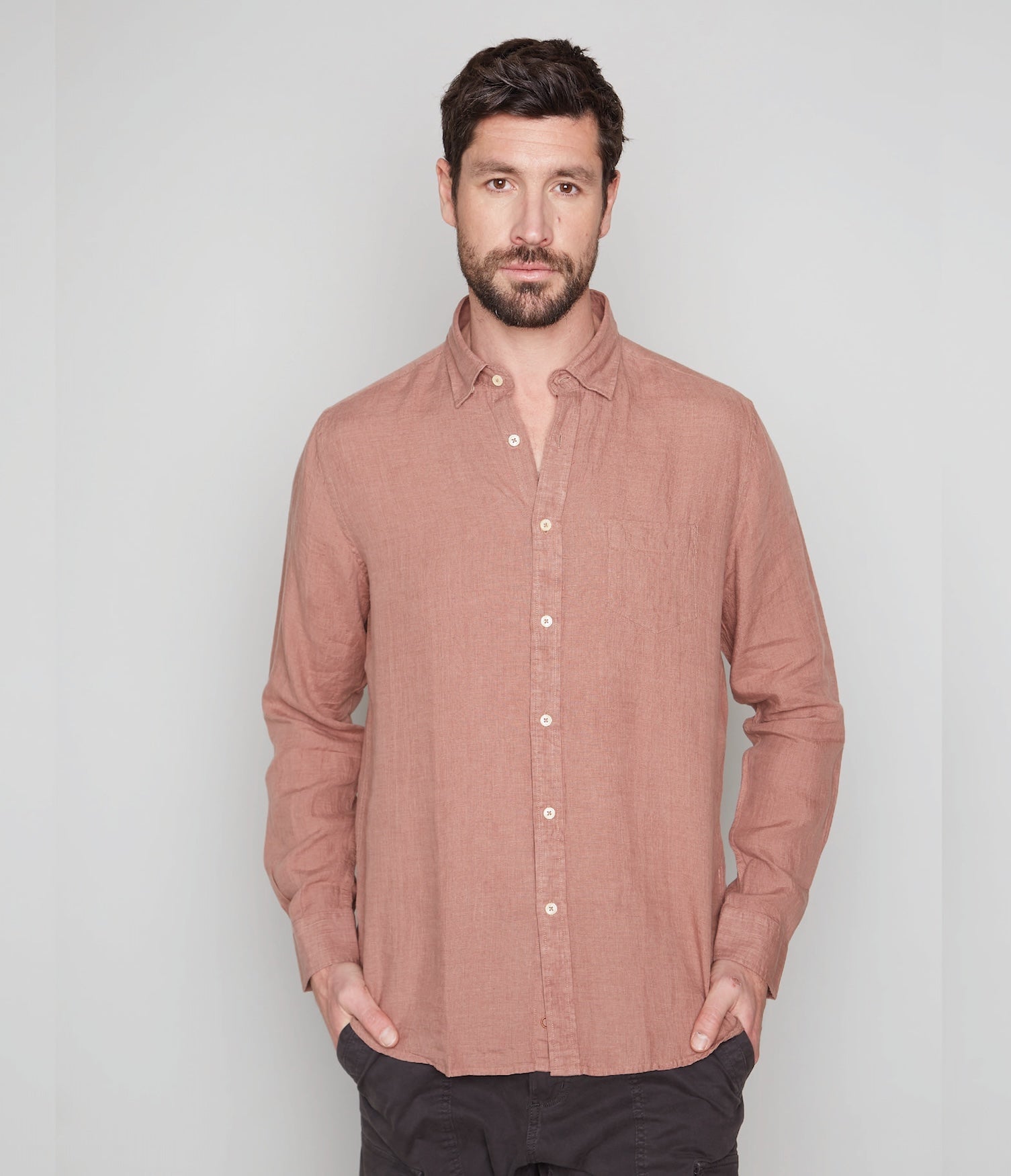 Camisa Hombre Lino Saint M/larga Terracota