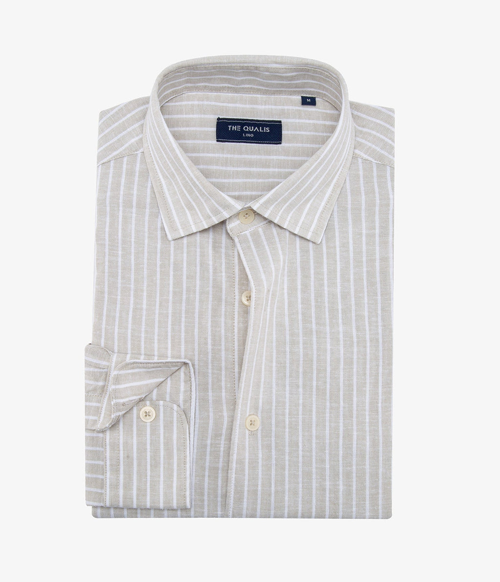 Camisa Hombre Lino Rayas Beige