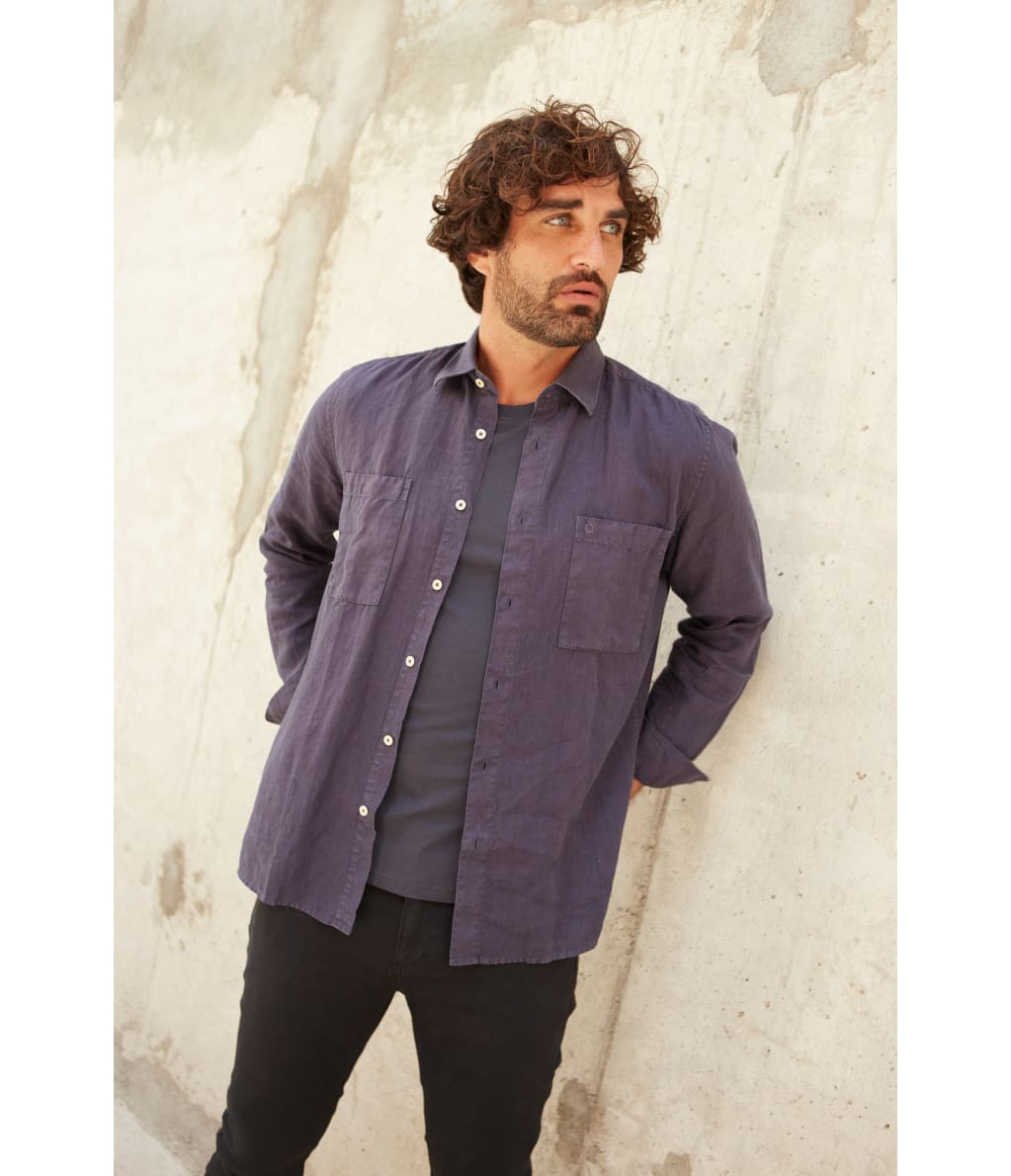 Camisa Hombre Overshirt Lino Azul Marino