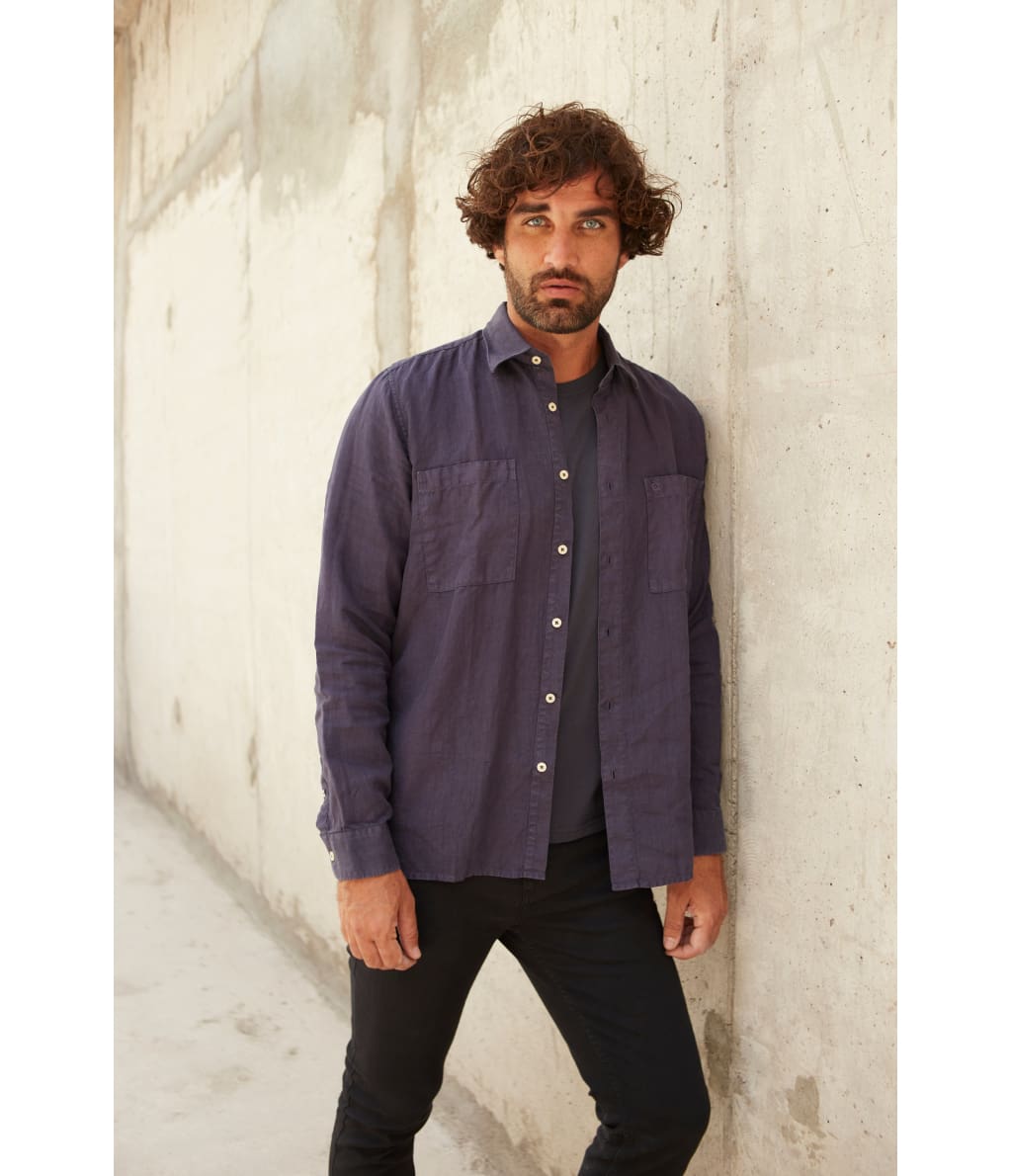 Camisa Hombre Overshirt Lino Azul Marino